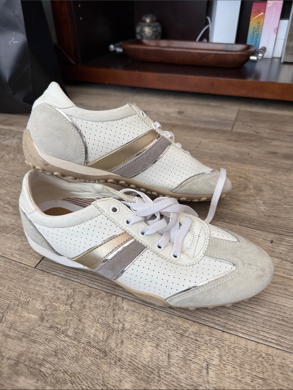 Geox Women's White & Taupe Perforated Lace-Up Sneakers with Metallic Accent